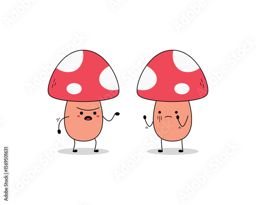Cute mushroom cartoon character arguing doodle