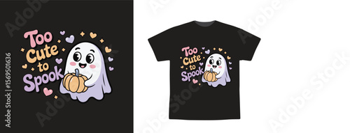 Cute Halloween Ghost Holding Pumpkin with ‘Too Cute to Spook’ Quote – Pastel Kawaii T-Shirt Vector Design