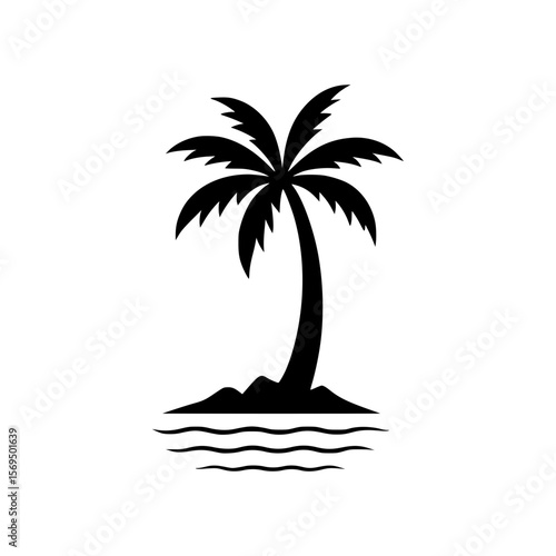 Tropical Palm Tree Silhouette Icon – Isolated Island with Water in Flat Design Style