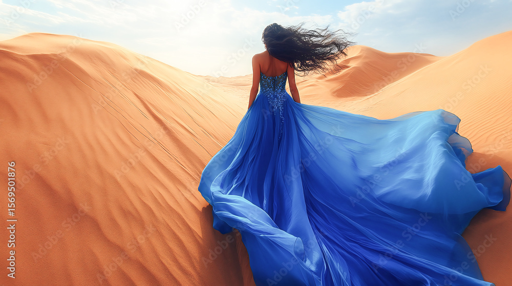 Woman in a long blue dress with peacock feathers walking in the desert with flowing fabric in the wind Woman in a long blue dress with peacock feathers walking in the desert with flowing fabric in the wind