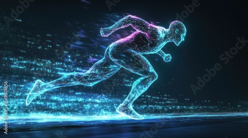Abstract digital runner.  A futuristic, energetic depiction of a person running, composed of glowing lines and particles
