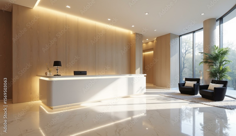 Fototapeta premium Modern Reception Area with Minimalist Design and Natural Light