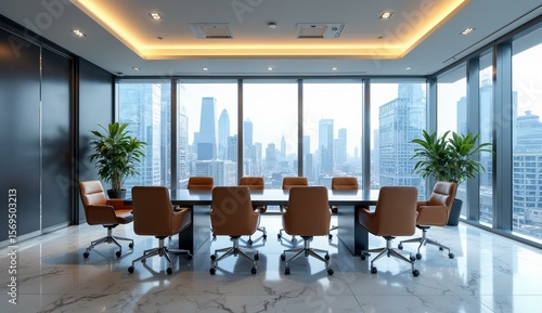 Modern conference room with panoramic city view and sleek design