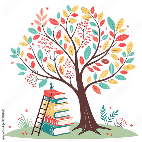 a whimsical tree with colorful leaves, books, a ladder, and other nature elements, digital art, vibrant colors, playful, cute, fantasy, magical, highly detailed, 4k
