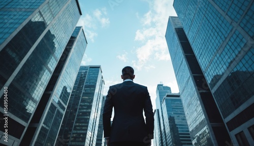 A businessman in a suit stands with his back to the camera, looking up at towering skyscrapers under a bright sky.