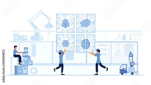 People assembling ai brain pieces with robotic arms and factory equipment in a light blue scene