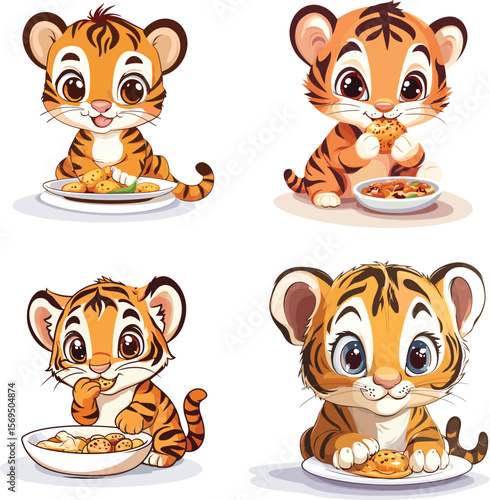 cute baby tiger eat food vector style on white background