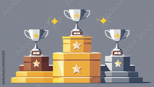 Victory podium with gold silver and bronze trophies and shining stars