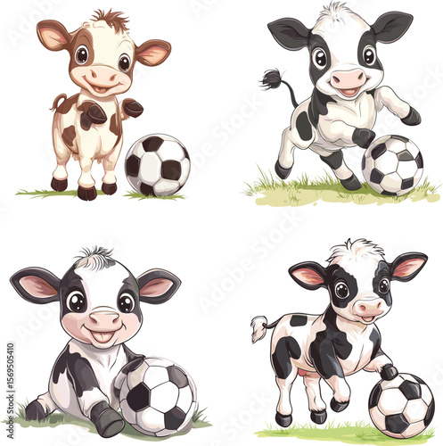 cute baby cow playing football vector style on white background
