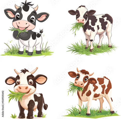 cute cow eating grass vector style on white background