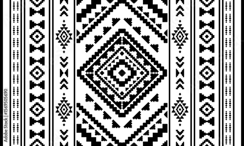 Southwest Native seamless pattern ethnic tribal Pixel Art Aztec geometric Navajo Native American fabric black and white design vector for textile print