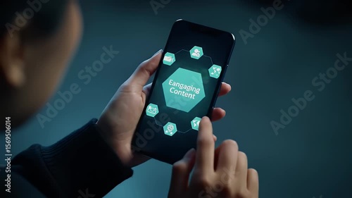 Wallpaper Mural Woman Interacting With Futuristic Holographic App On Smartphone with Cyan Icons in Dark Studio Setting Torontodigital.ca