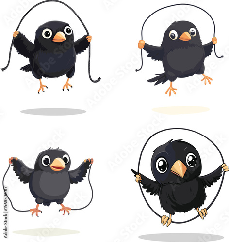 cute Crow jumping rope vector style on white background 
