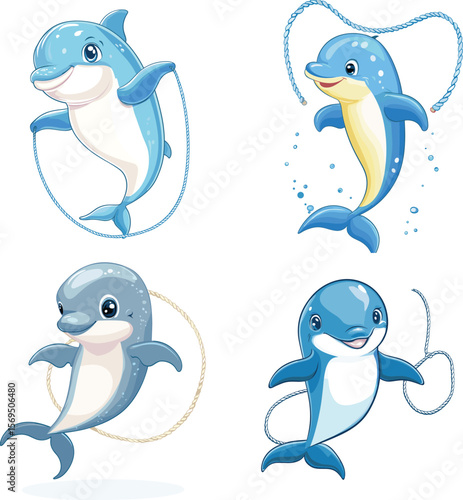 cute Dolphin jumping rope vector style on white background 