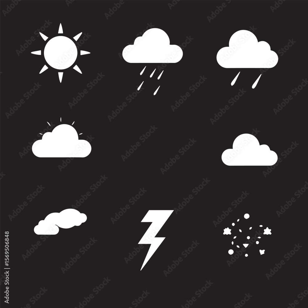 Flat weather icon set sun cloud rain storm snow vector design black and white illustration. Flat weather icon set sun cloud rain storm snow vector design black and white illustration.