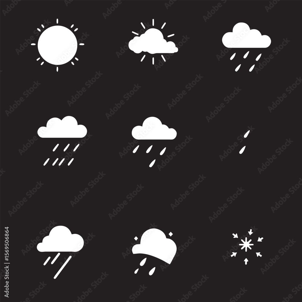 Flat weather icon set sun cloud rain storm snow vector design black and white illustration. Flat weather icon set sun cloud rain storm snow vector design black and white illustration.
