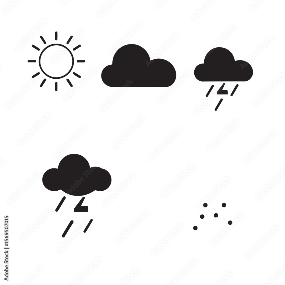 Flat weather icon set sun cloud rain storm snow vector design black and white illustration. Flat weather icon set sun cloud rain storm snow vector design black and white illustration.