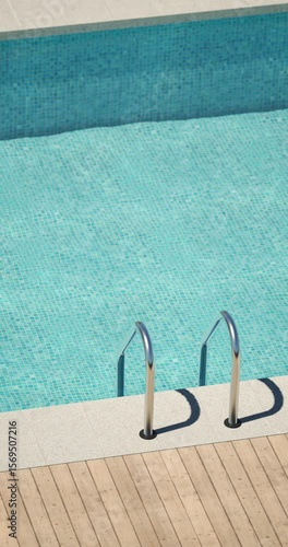 Minimal top view of a swimming pool with blue mosaic tiles, a metal ladder casting shadows, and a wooden deck. Clean water and bright sunlight create a fresh, inviting summer atmosphere