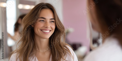 A woman with long brown hair is smiling at the camera. She is wearing a white shirt and a necklace