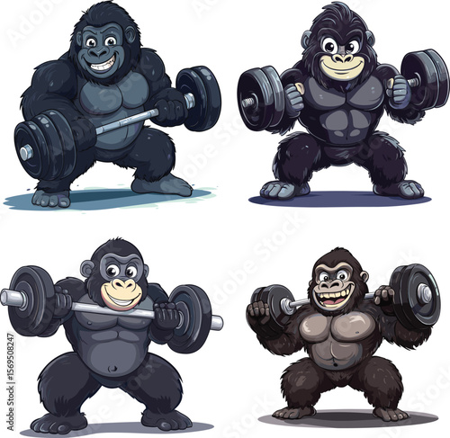 cute Gorilla rocking fitness and kettlebells lifting vector style on white background