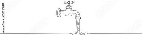 Black water tap with flowing water in one line art style. Tap drawing with editable stroke on white background. Vector illustration.