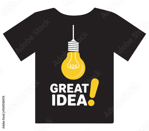 Black t shirt with a bright yellow light bulb graphic and the words great idea in white text symbolizing innovation and creativity