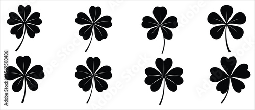 Collection of Eight Black Four-Leaf Clovers Good Luck Symbols