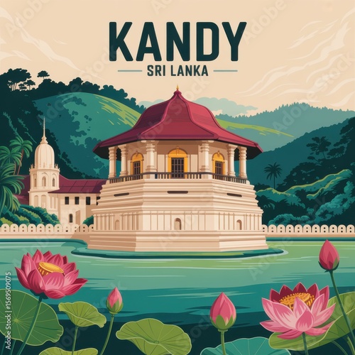 Kandy Sri Lanka Temple Travel Poster Art