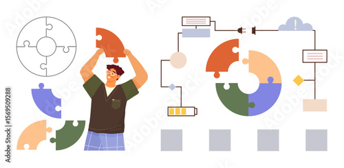 Man arranging colorful puzzle pieces, connecting elements in workflows. Ideal for teamwork, collaboration, brainstorming, problem-solving, project management, creativity, innovation simple flat