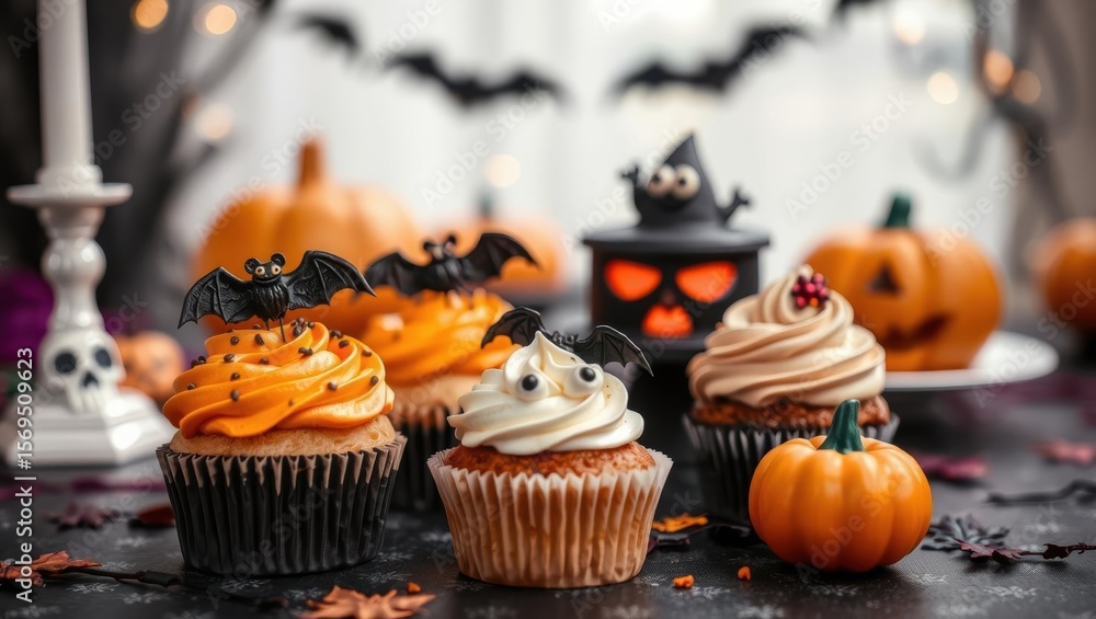 Festive Halloween cupcakes with spooky bat toppings and pumpkin decorations Festive Halloween cupcakes with spooky bat toppings and pumpkin decorations
