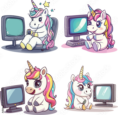 cute unicorn watching tv vector style on white background
