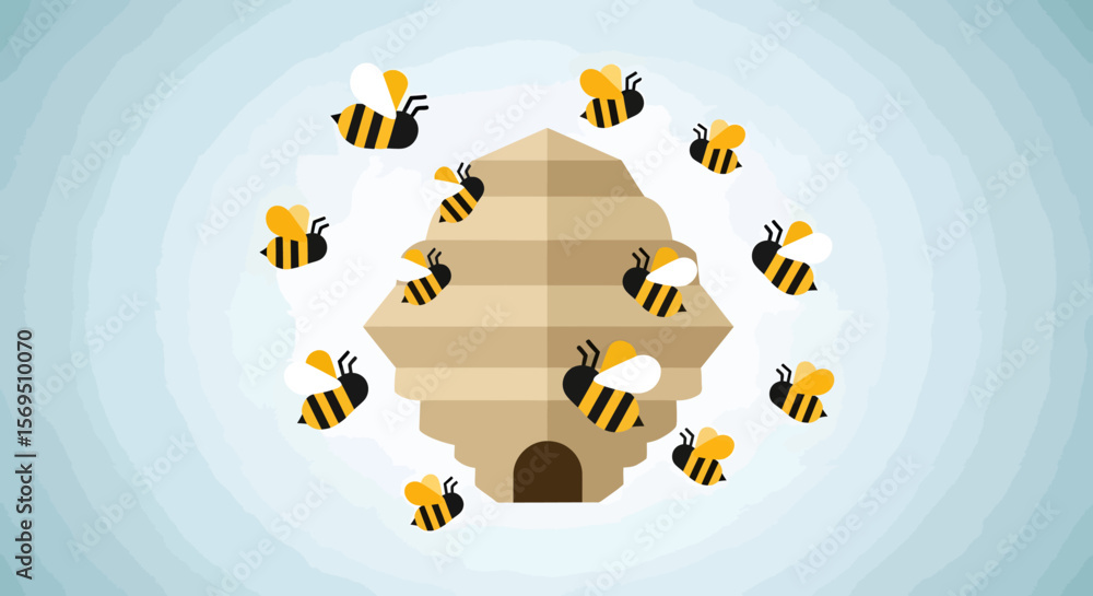 Naklejka premium Cartoon Bees Flying Around a Beehive with Black and Yellow Stripes