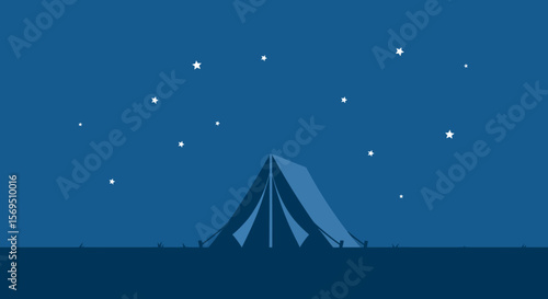 Camping Tent Silhouette Under Starry Night Sky, Outdoor Adventure Illustration