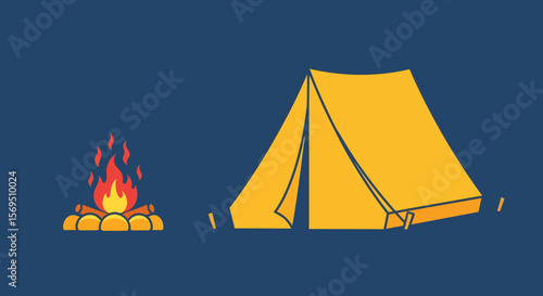 Camping Tent Icon: Yellow A-Frame Shelter with Simple Design on Blue Background