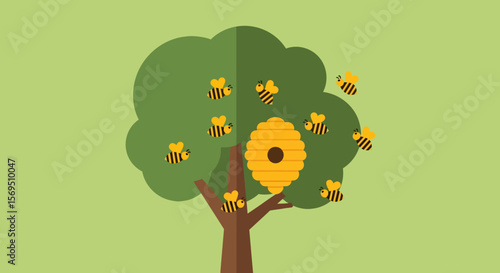 Cartoon Bees Flying Around a Beehive Hanging on a Tree Branch