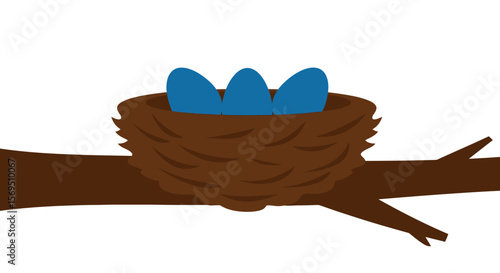 Cartoon Bird Nest with Three Blue Eggs on a Brown Branch