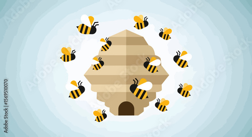 Cartoon Bees Flying Around a Beehive with Black and Yellow Stripes