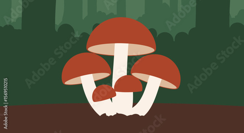 Cartoon Mushroom Cluster with Brown Caps and White Stems in Forest
