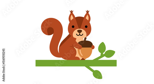 Cartoon Squirrel Holding Acorn on Branch, Flat Vector Illustration