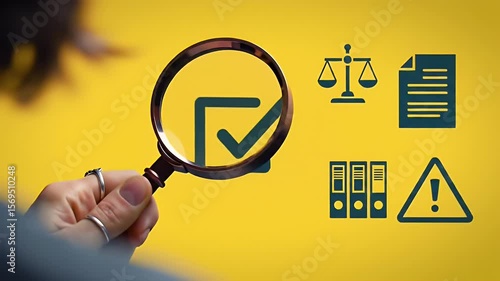 Hand Holding Magnifying Glass Focuses on Compliance Icon Over a Yellow Backdrop with Scales Document Files and Warning Sign Icons
