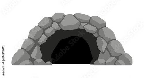 Cartoon Stone Cave Entrance with Dark Interior, Gray Rocks, and Arched Shape