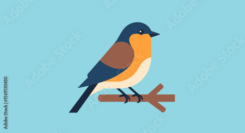 Colorful Bird Perched on a Branch, Vector Illustration, Flat Design