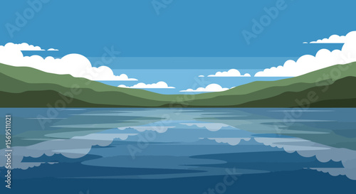 Serene Lake Landscape with Green Hills and Cloud Reflections