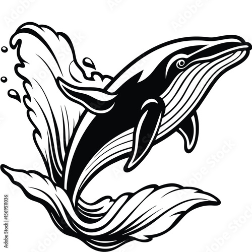 Dynamic black and white whale breaching through stylized waves silhouette