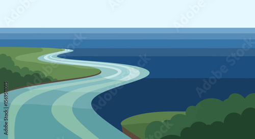 Serpentine River Flowing into the Ocean with Green Banks Illustration