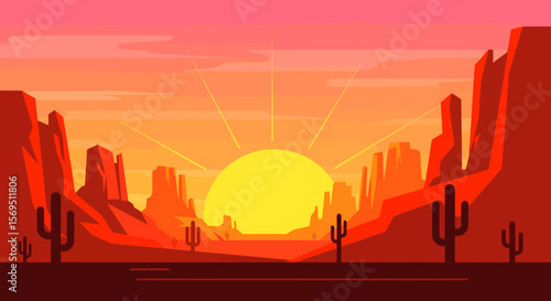 Vibrant Desert Landscape with Cacti and Rising Sun Illustration