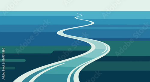 Winding River Illustration with Light Blue Water and White Edges