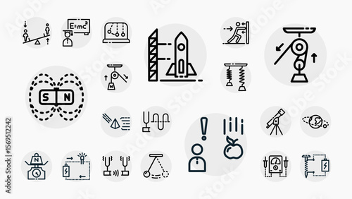 Set of outline style icons illustrating physics laws, experiments, energy, motion, magnetism, rocket launch, and science education tools.
