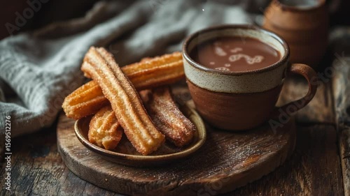 top-down shot of churros and hot chocolate served on a rustic wooden table in a cozy cafe