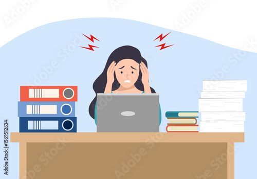 Exhausted businesswoman sitting in the office. Deadline concept. Idea of many work and few time. Business problems. Isolated vector illustration in cartoon style
